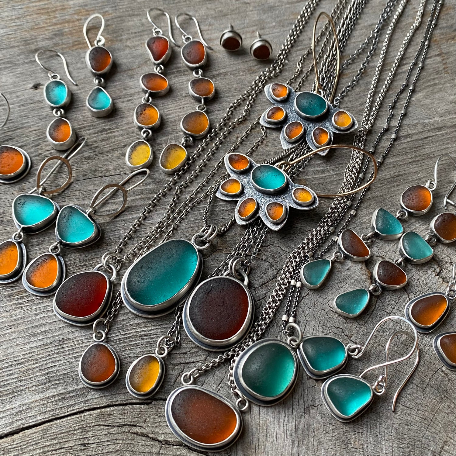 teal and amber sea glass jewelry