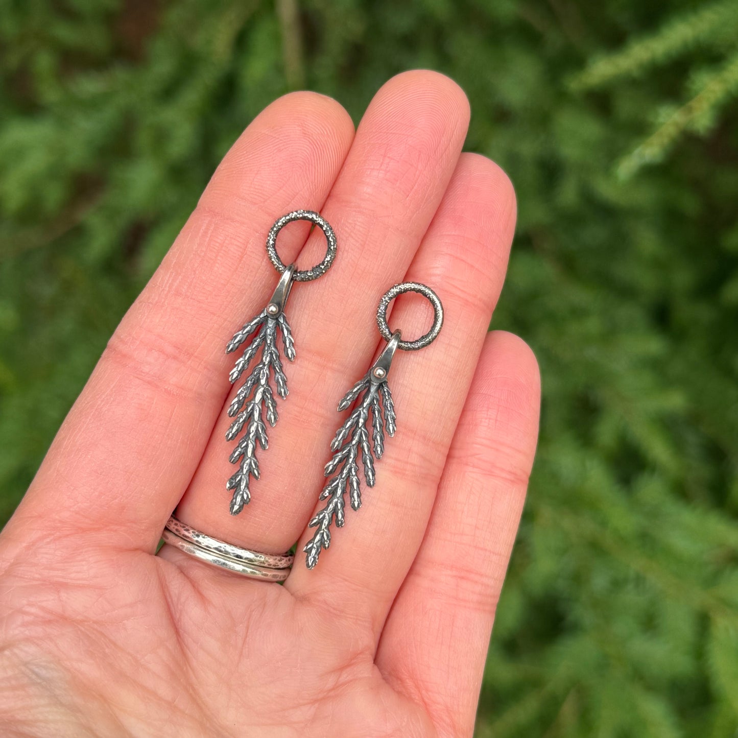 Lichen Hoop Cedar Leaf Stud Earrings