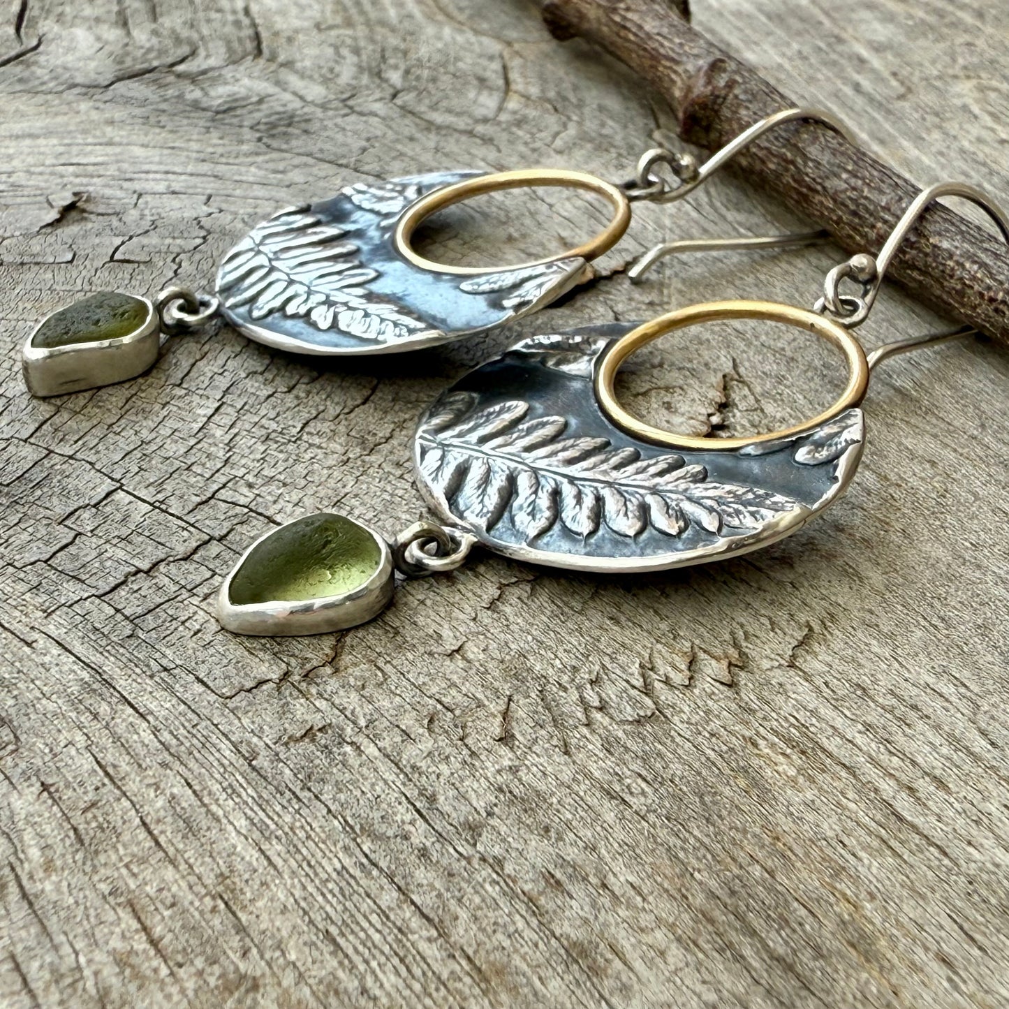 Oregon Lady Fern hoop dangles with sea glass