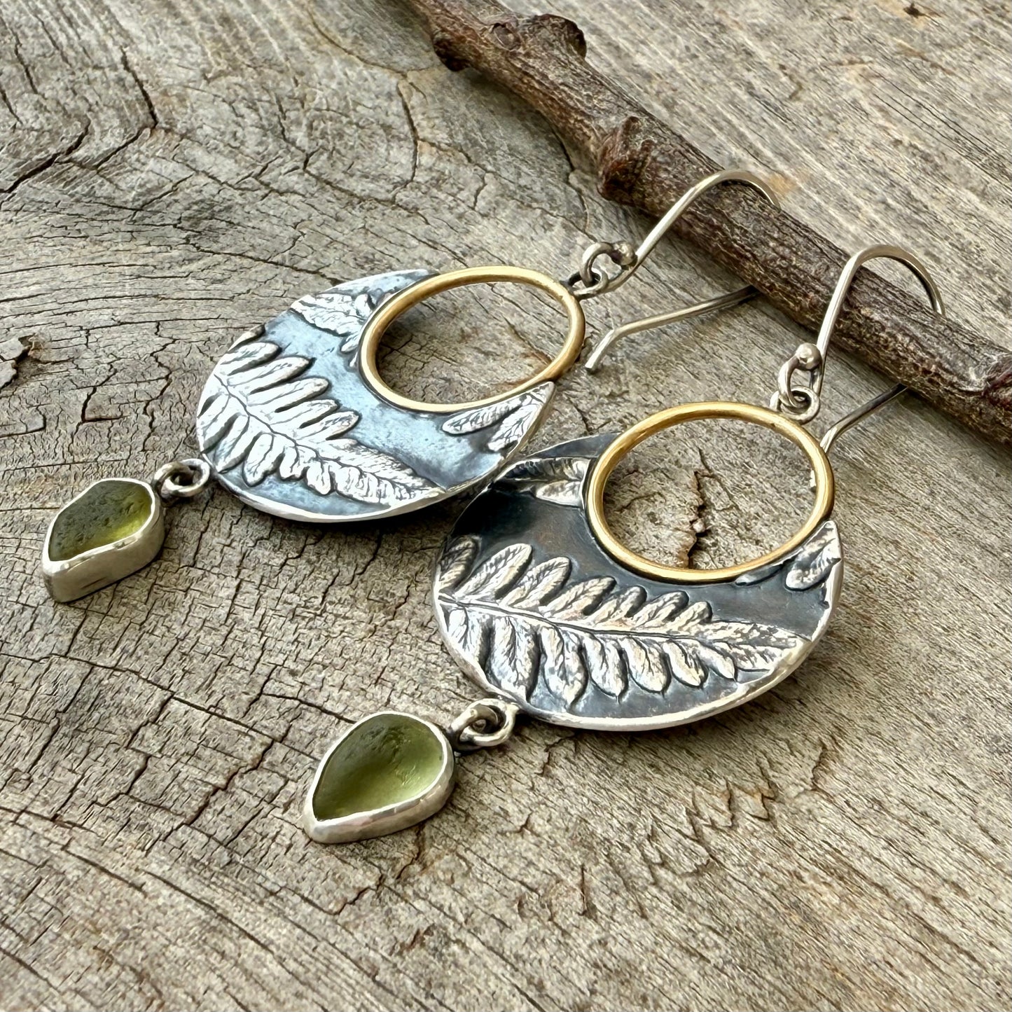 Oregon Lady Fern hoop dangles with sea glass