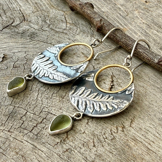 Oregon Lady Fern hoop dangles with sea glass