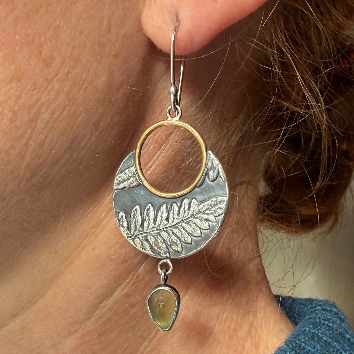 Oregon Lady Fern hoop dangles with sea glass