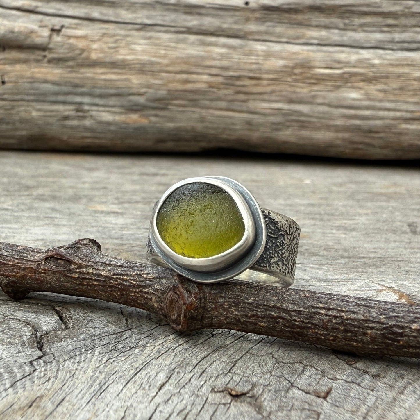 Olive Green Sea Glass Lichen Band Ring