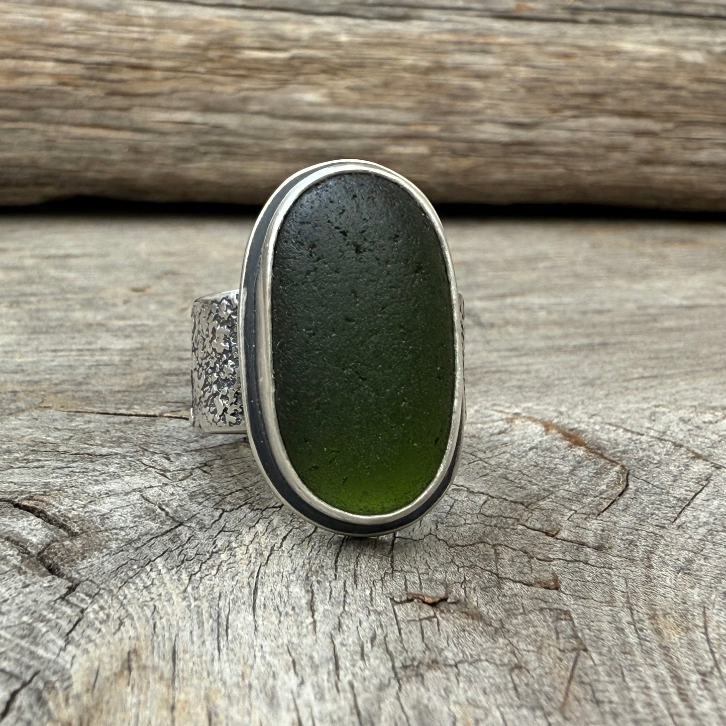 Forest Green Sea Glass Lichen Band Ring