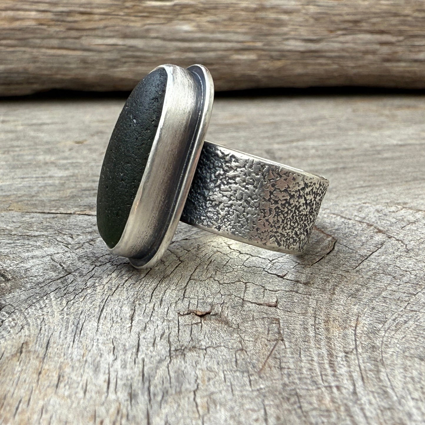 Forest Green Sea Glass Lichen Band Ring