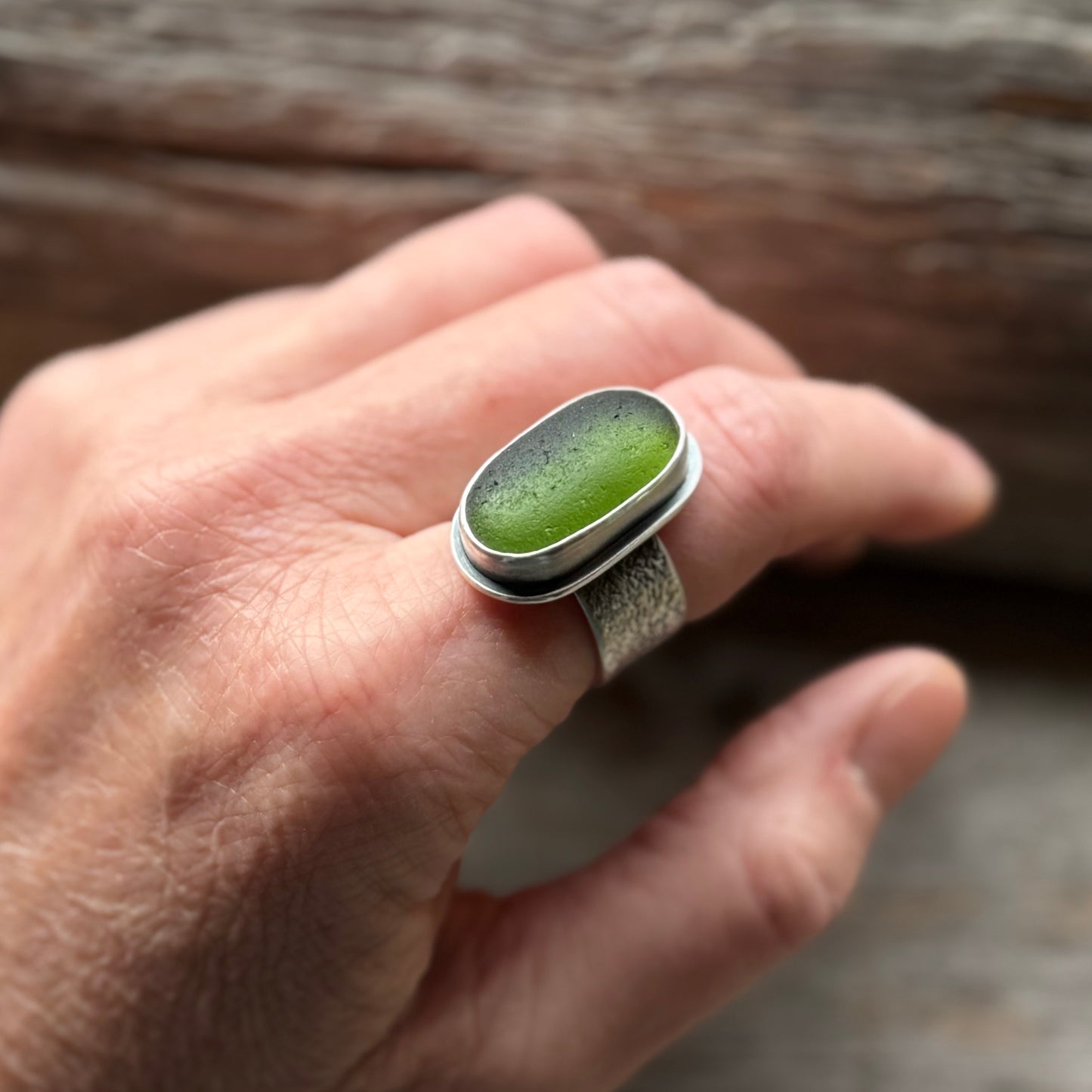 Forest Green Sea Glass Lichen Band Ring