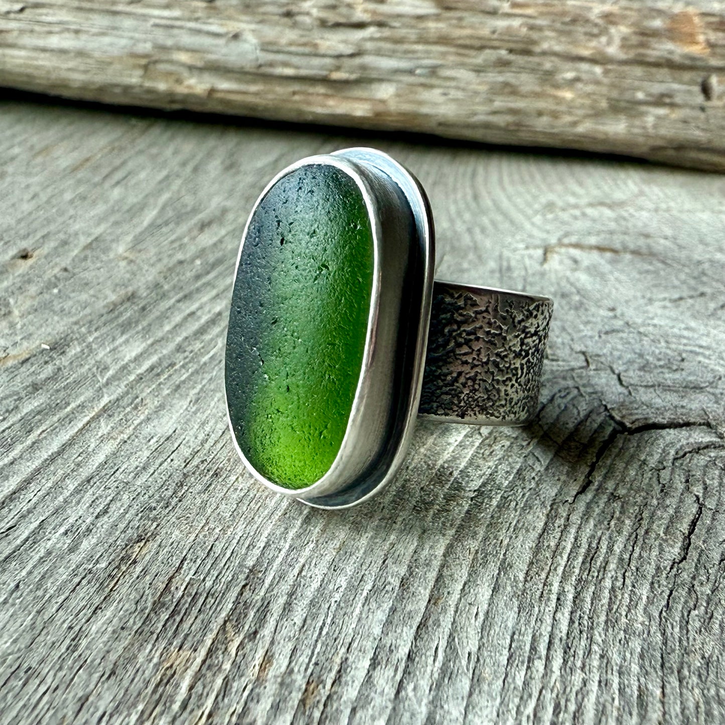 Forest Green Sea Glass Lichen Band Ring