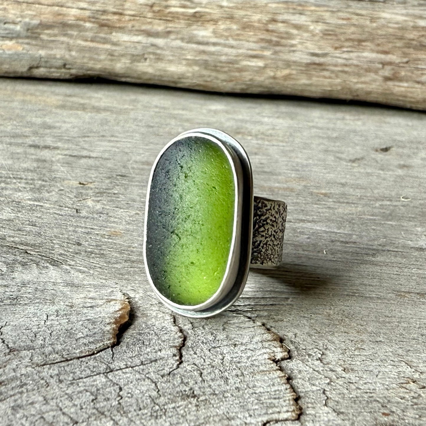 Forest Green Sea Glass Lichen Band Ring