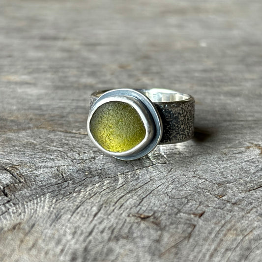 Olive Green Sea Glass Lichen Band Ring