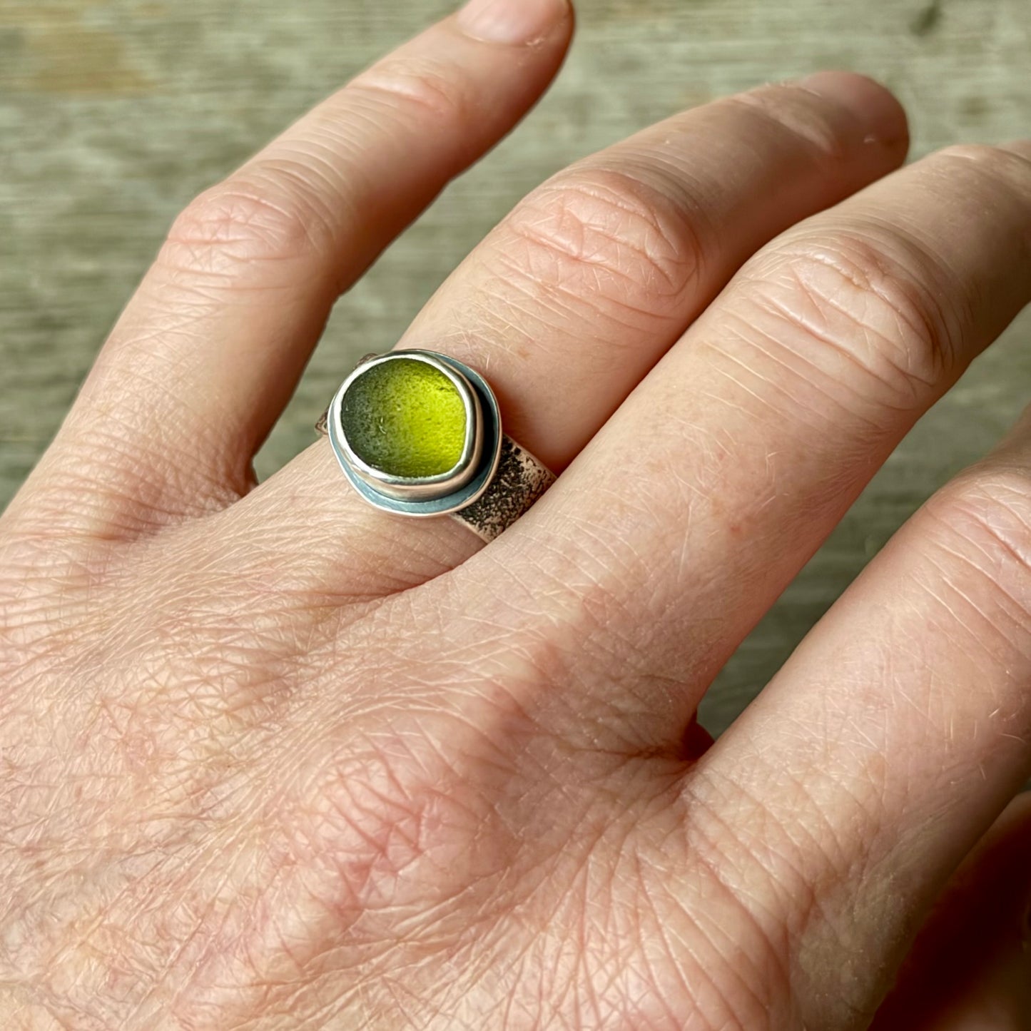 Olive Green Sea Glass Lichen Band Ring