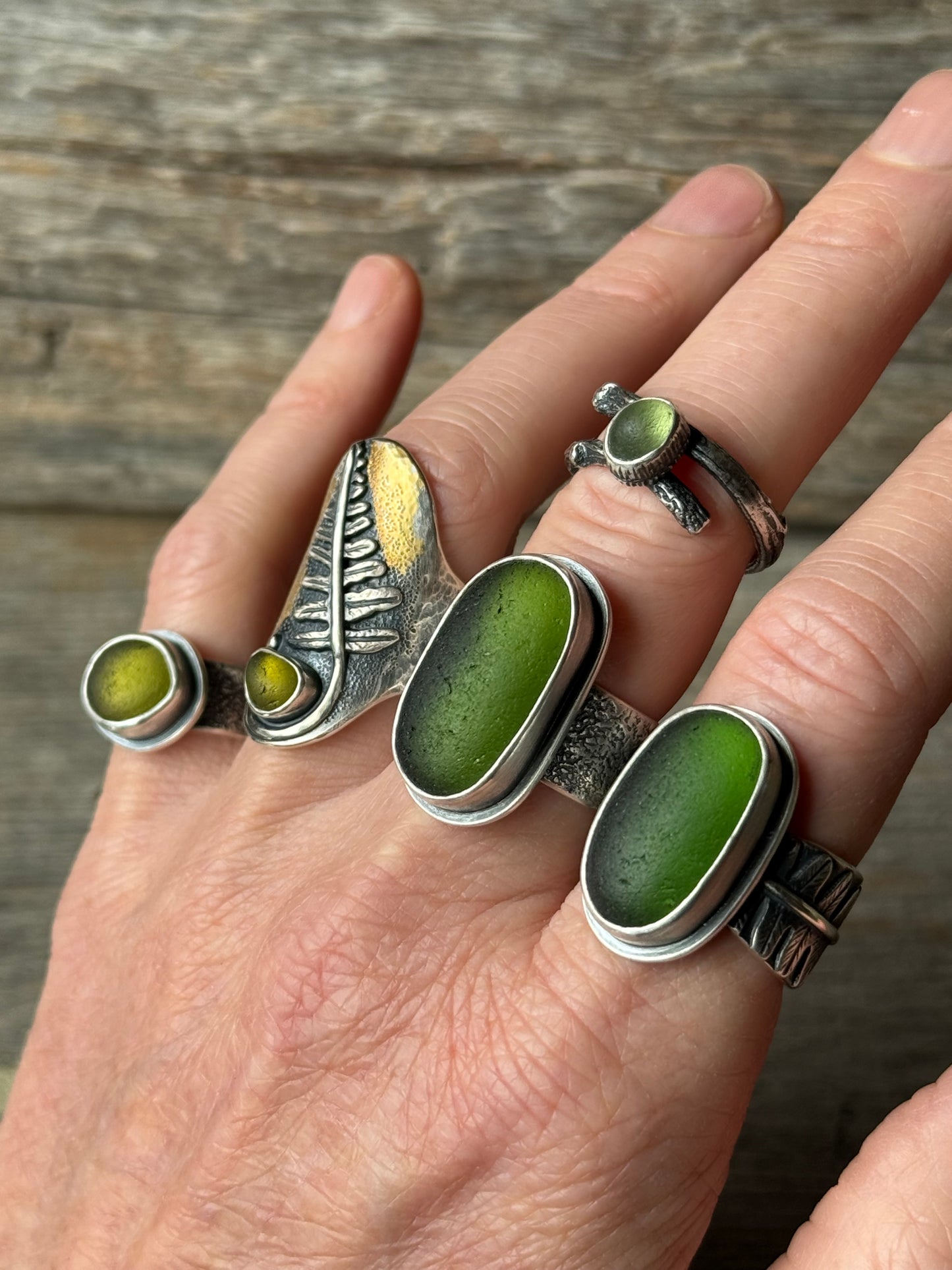 Olive Green Sea Glass Lichen Band Ring