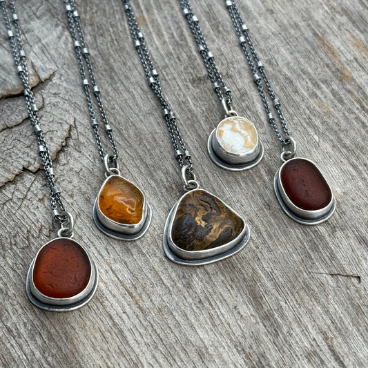 Colors of Autumn Sea Glass, Beach Stone and Agate Pendants