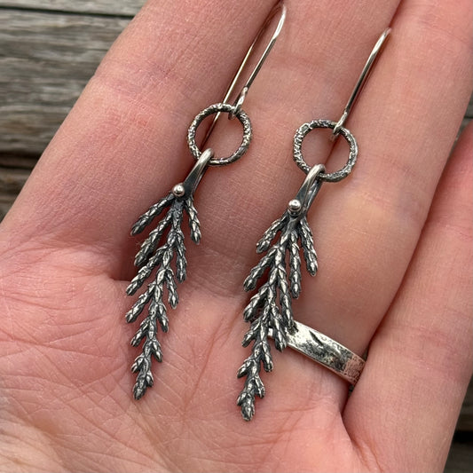 Lichen Hoop Cedar Leaf Sterling Silver Dangles Pre-order
