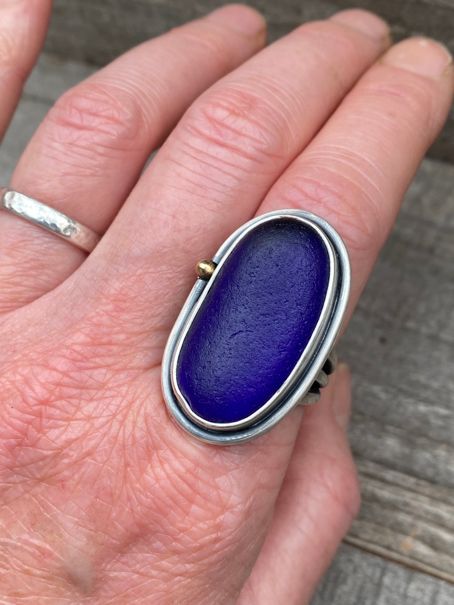 Dark cobalt blue English sea glass ring size 9