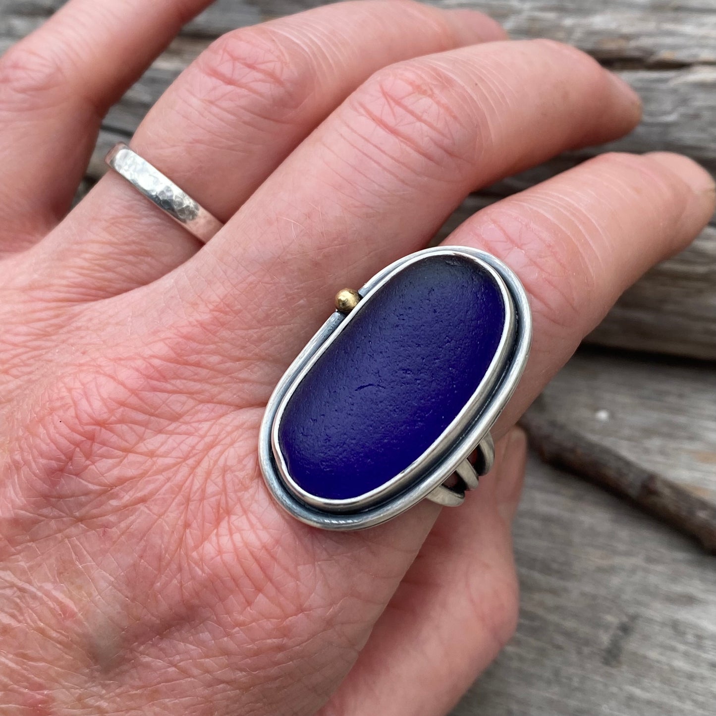 Dark cobalt blue English sea glass ring size 9