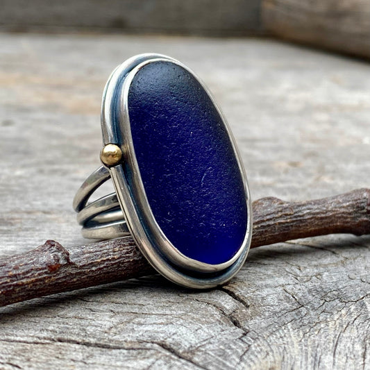 Dark cobalt blue English sea glass ring size 9