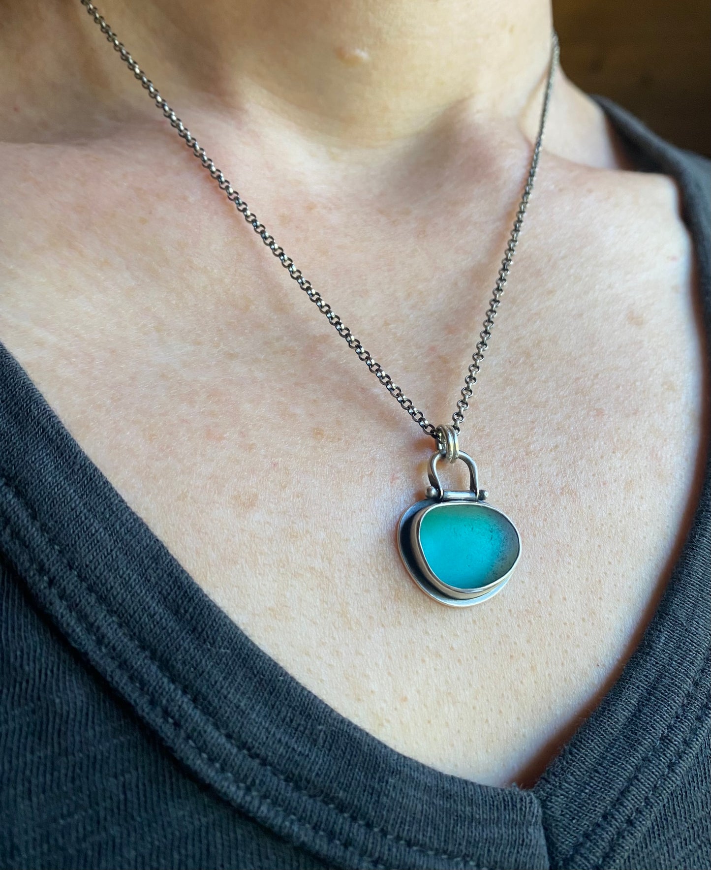 Icelandic teal blue sea glass pendant