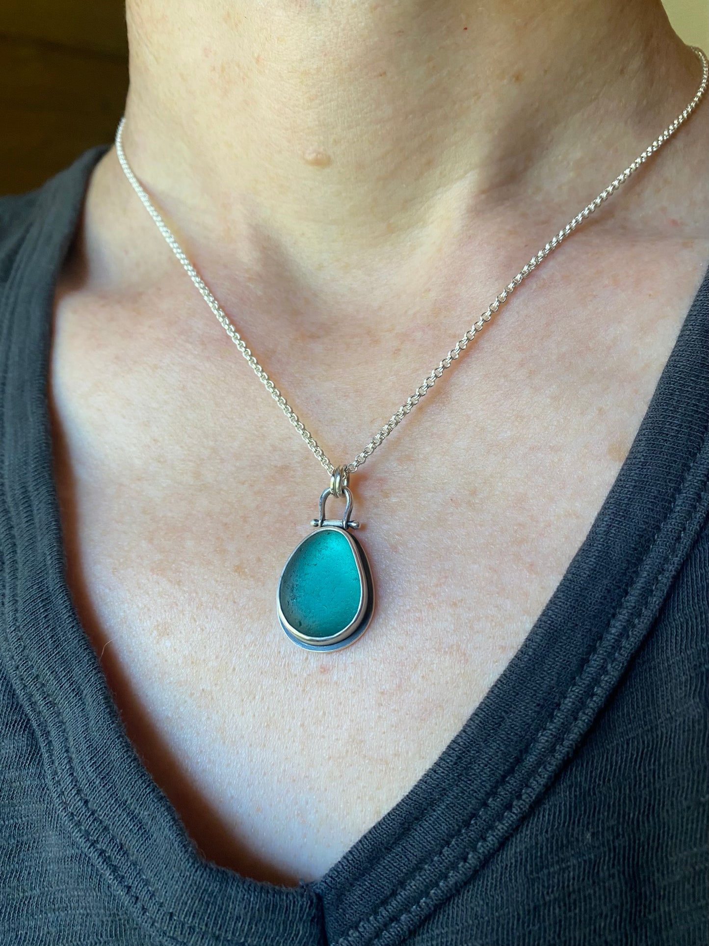 Icelandic teal green sea glass pendant