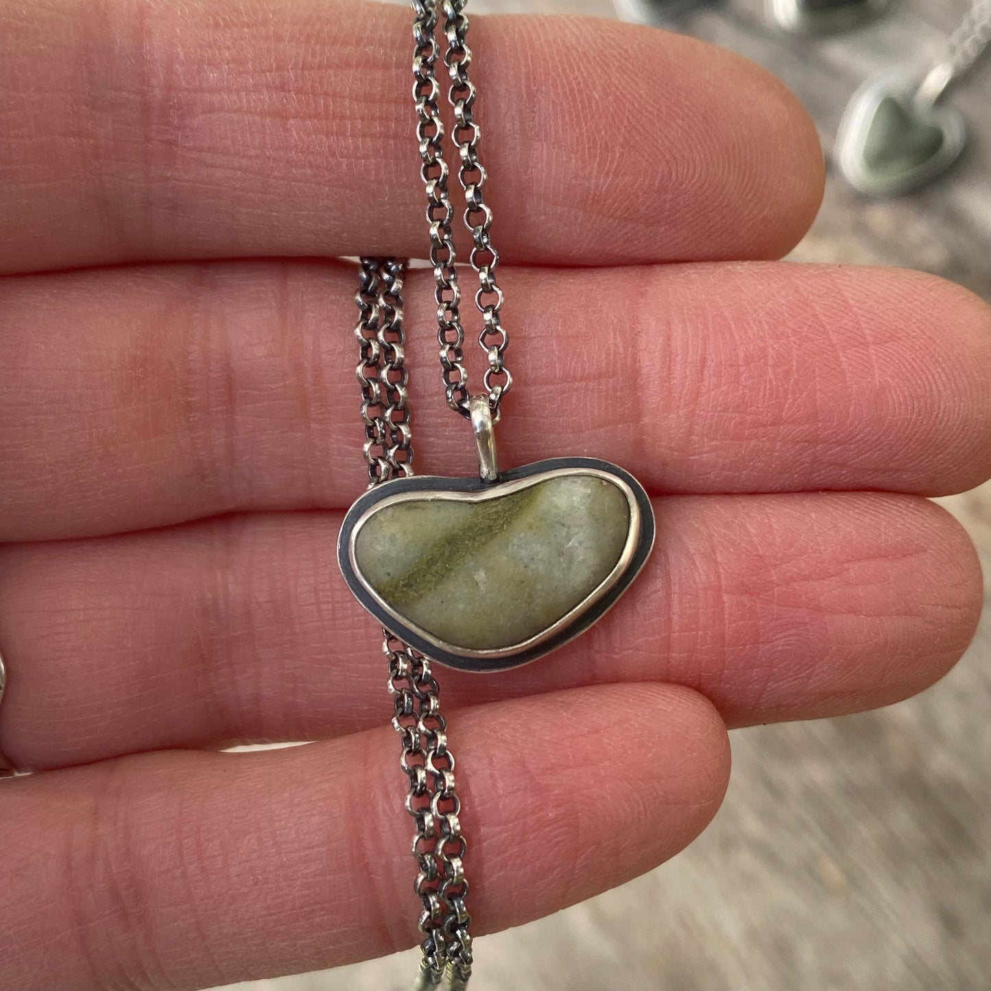 Striped Green Vancouver Island Beach Stone Heart Pendant