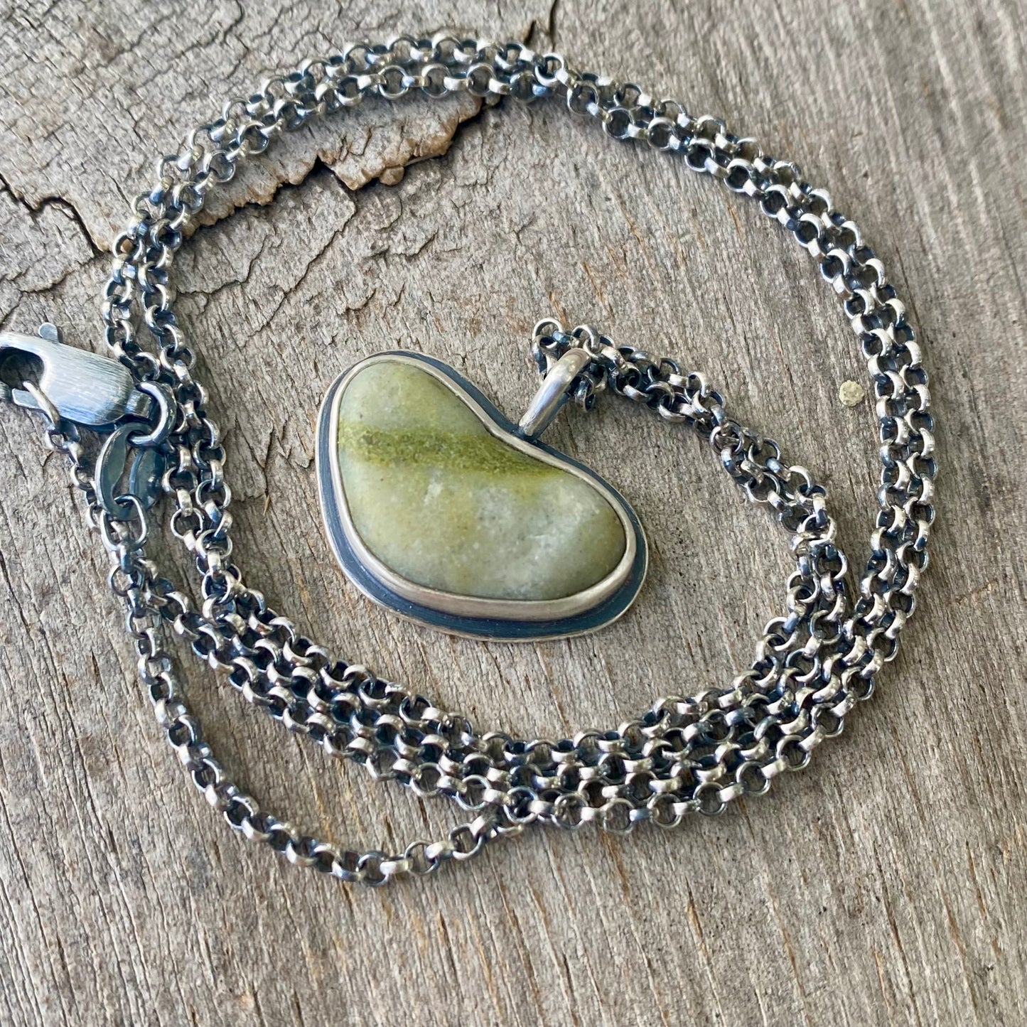 Striped Green Vancouver Island Beach Stone Heart Pendant