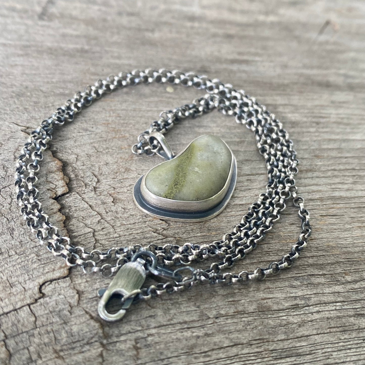 Striped Green Vancouver Island Beach Stone Heart Pendant