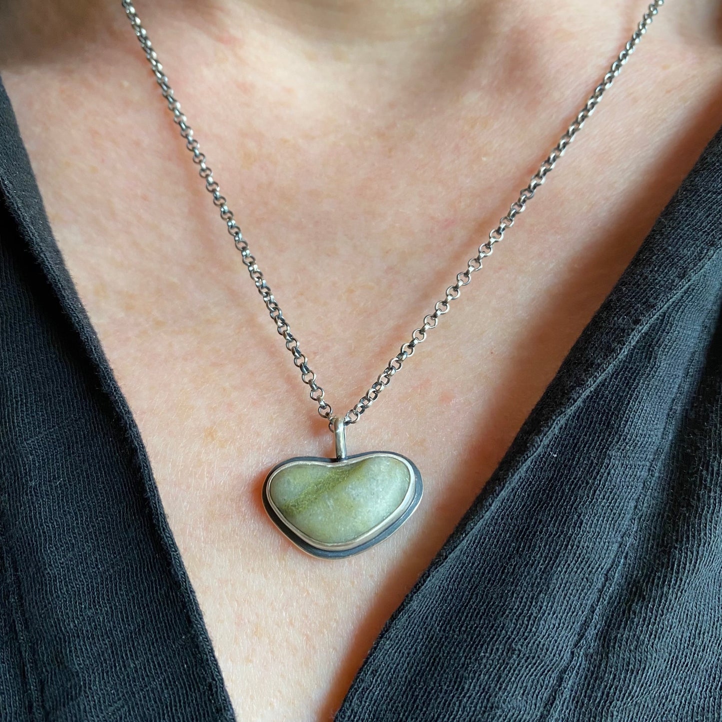 Striped Green Vancouver Island Beach Stone Heart Pendant