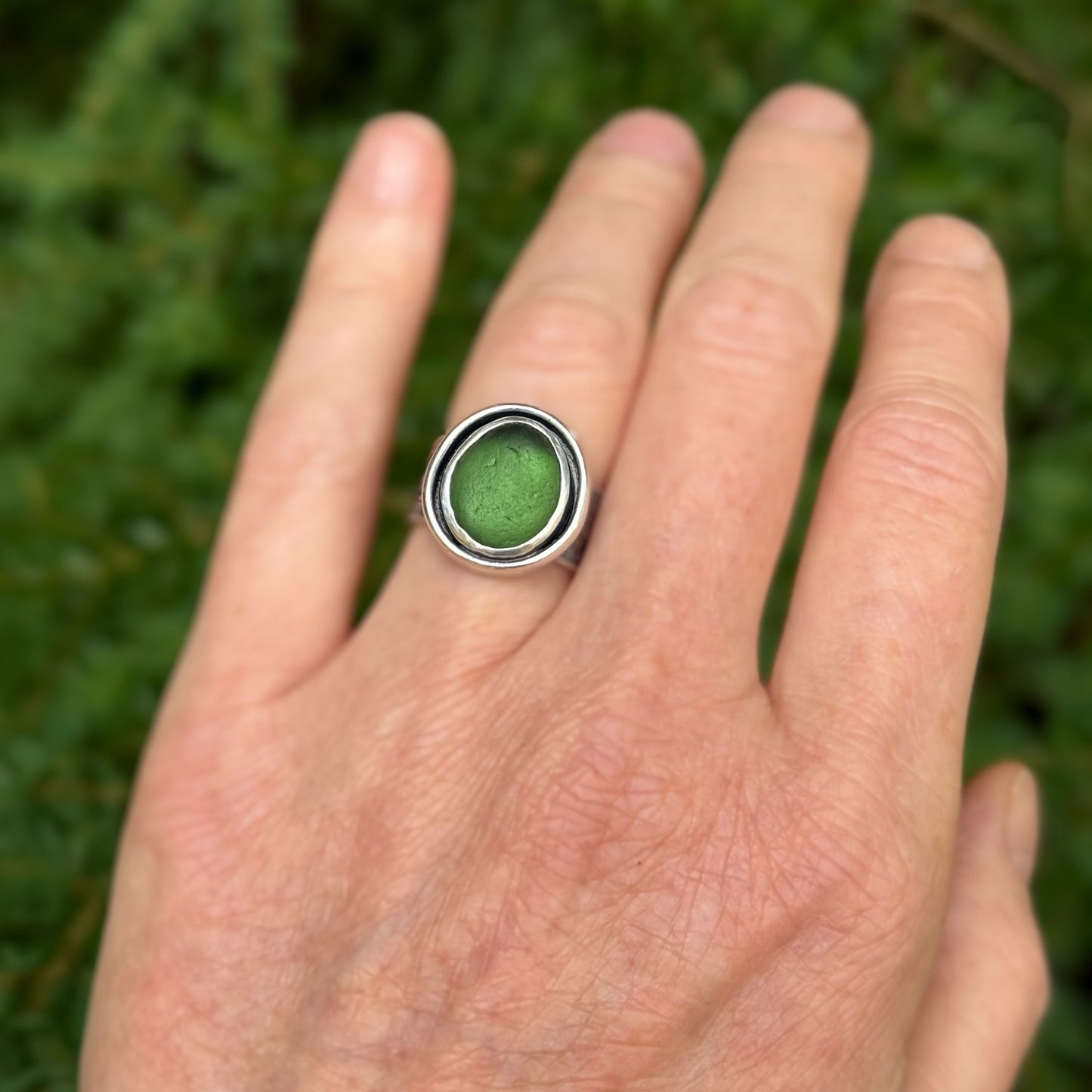 Dark Forest Green Lichen Band Shadow Box Ring