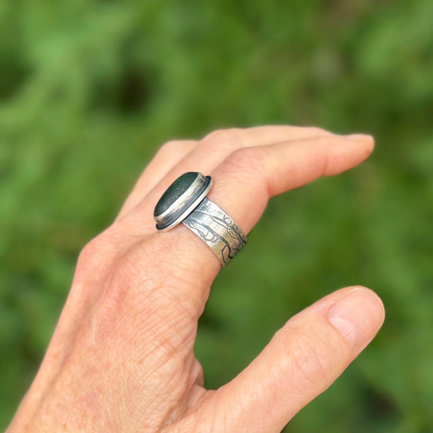 Dark Green Blue Lichen Band Ring