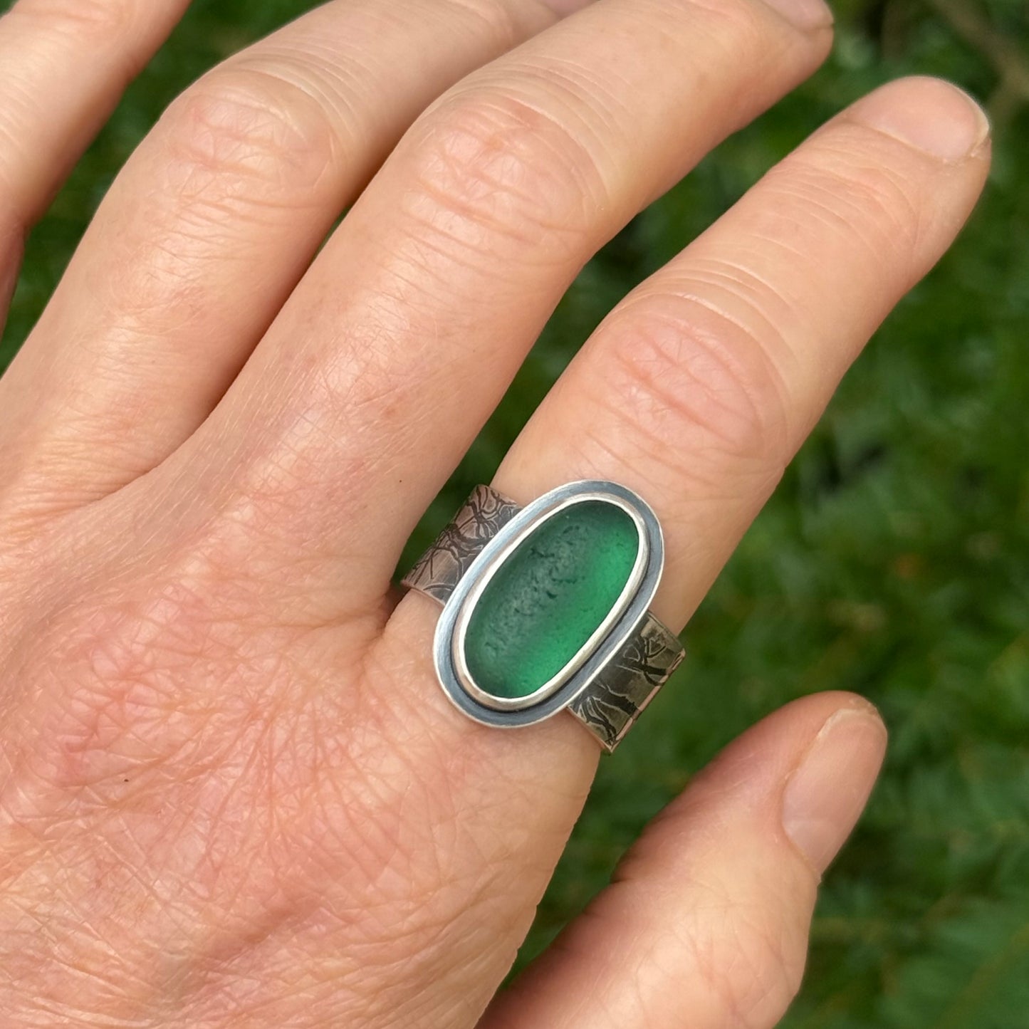 Dark Green Blue Lichen Band Ring