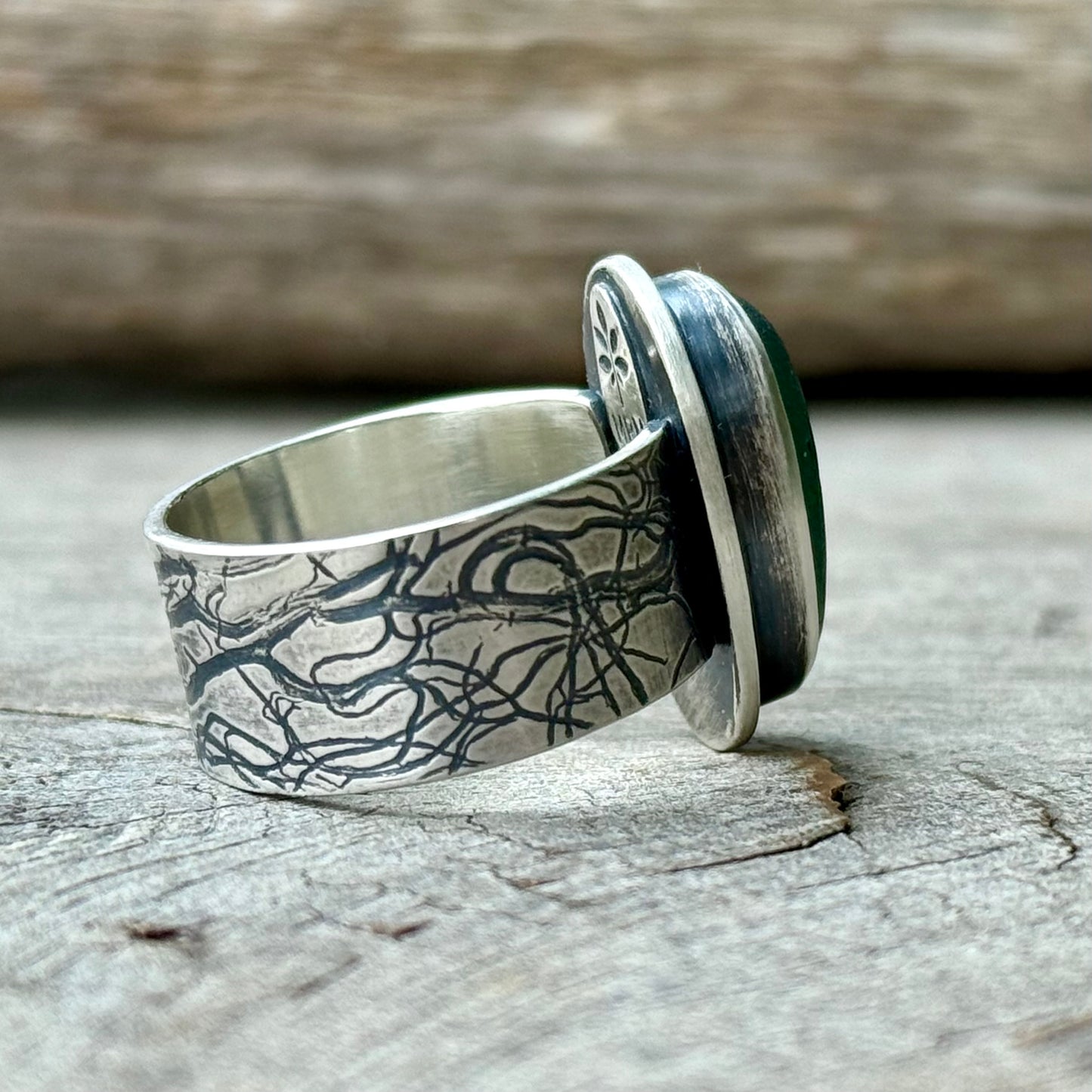 Dark Green Blue Lichen Band Ring
