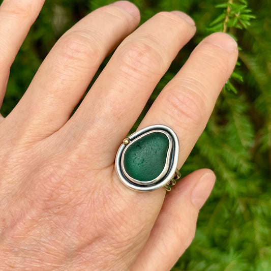 Dark Teal Green Sea Glass and 18k Gold Forest Light Ring