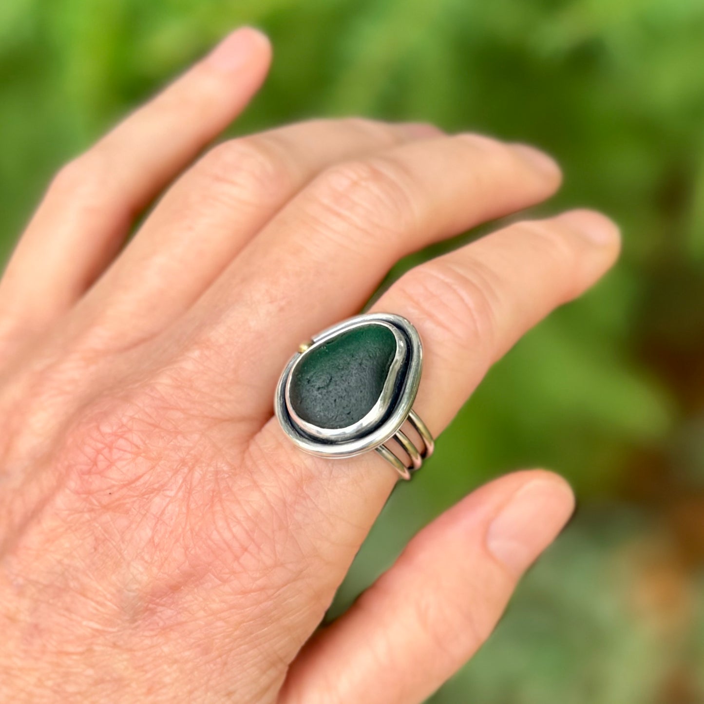 Dark Teal Green Sea Glass and 18k Gold Forest Light Ring