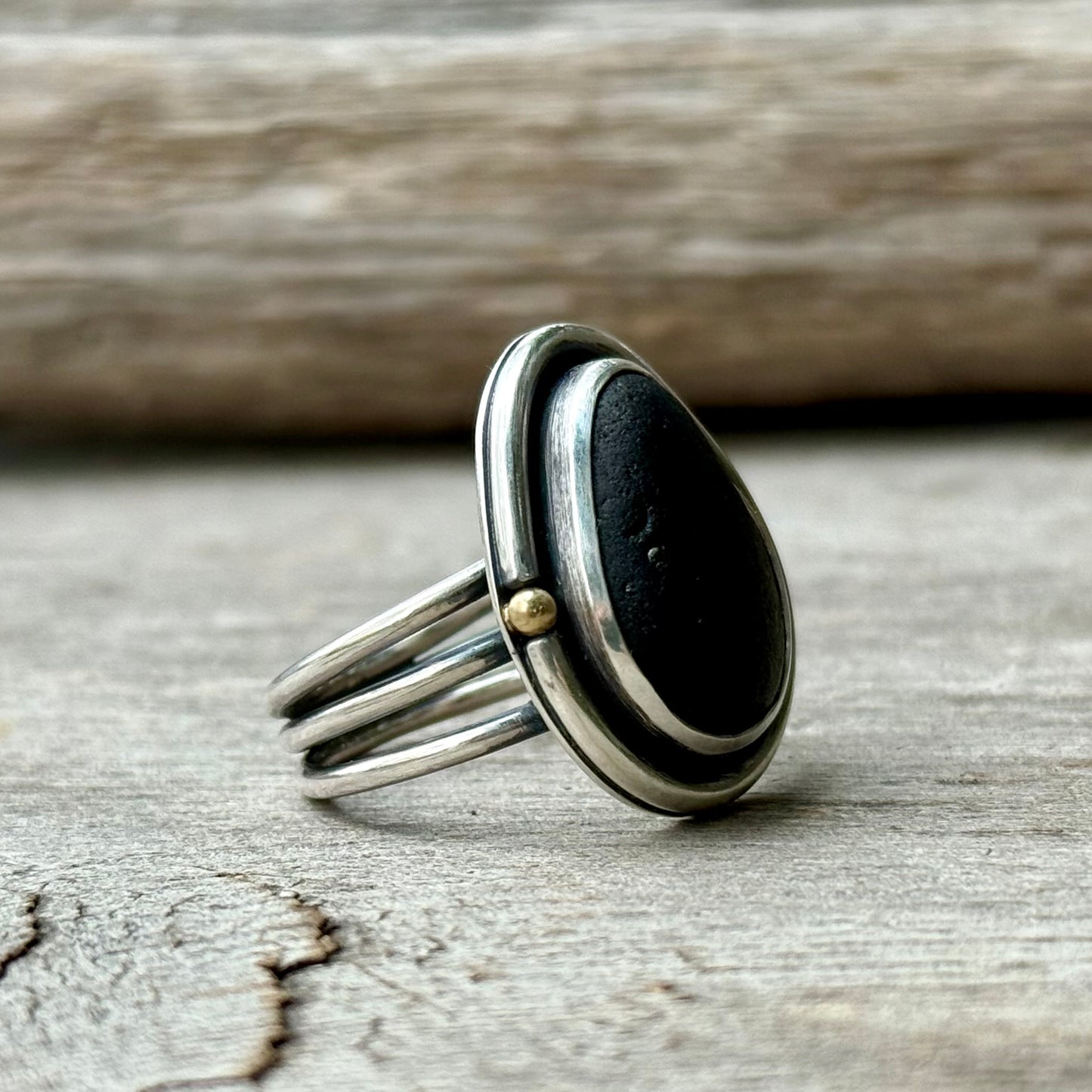 Dark Teal Green Sea Glass and 18k Gold Forest Light Ring