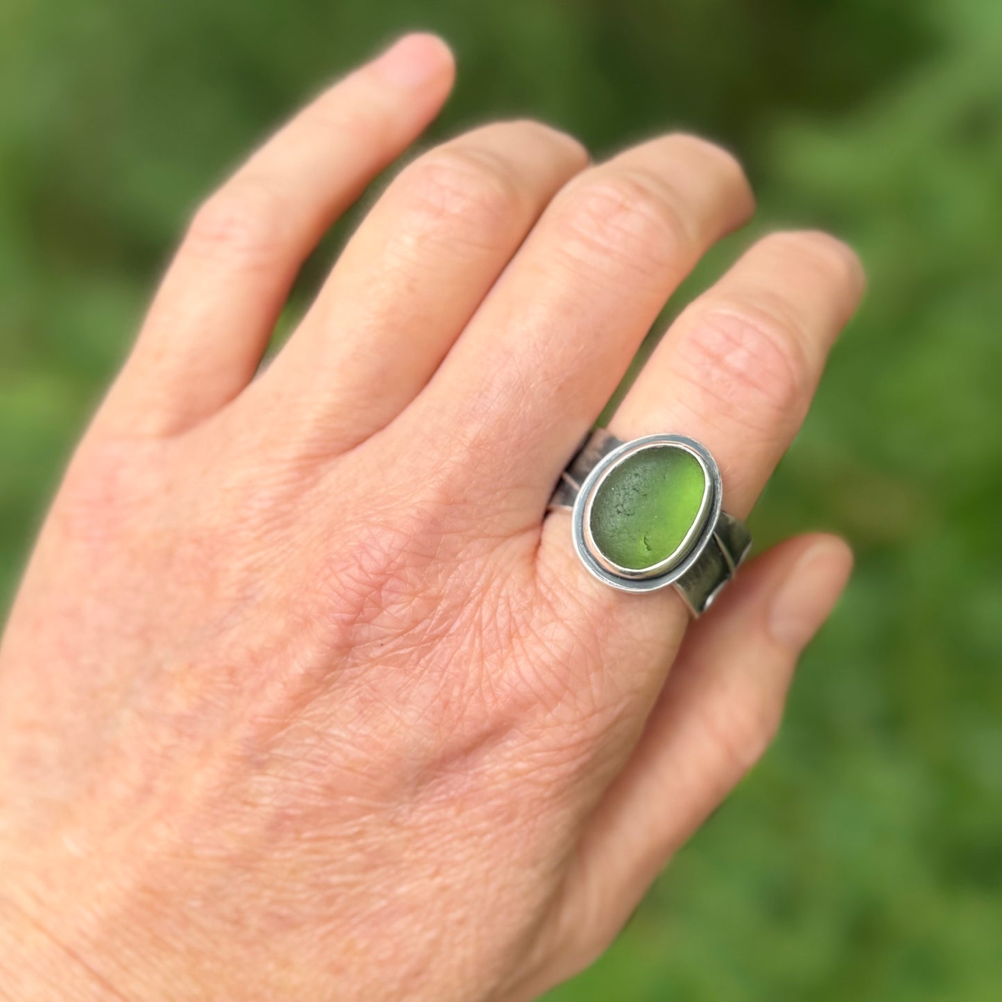 Forest Light Ring:  Licorice Fern and Forest Green Sea Glass with 18k