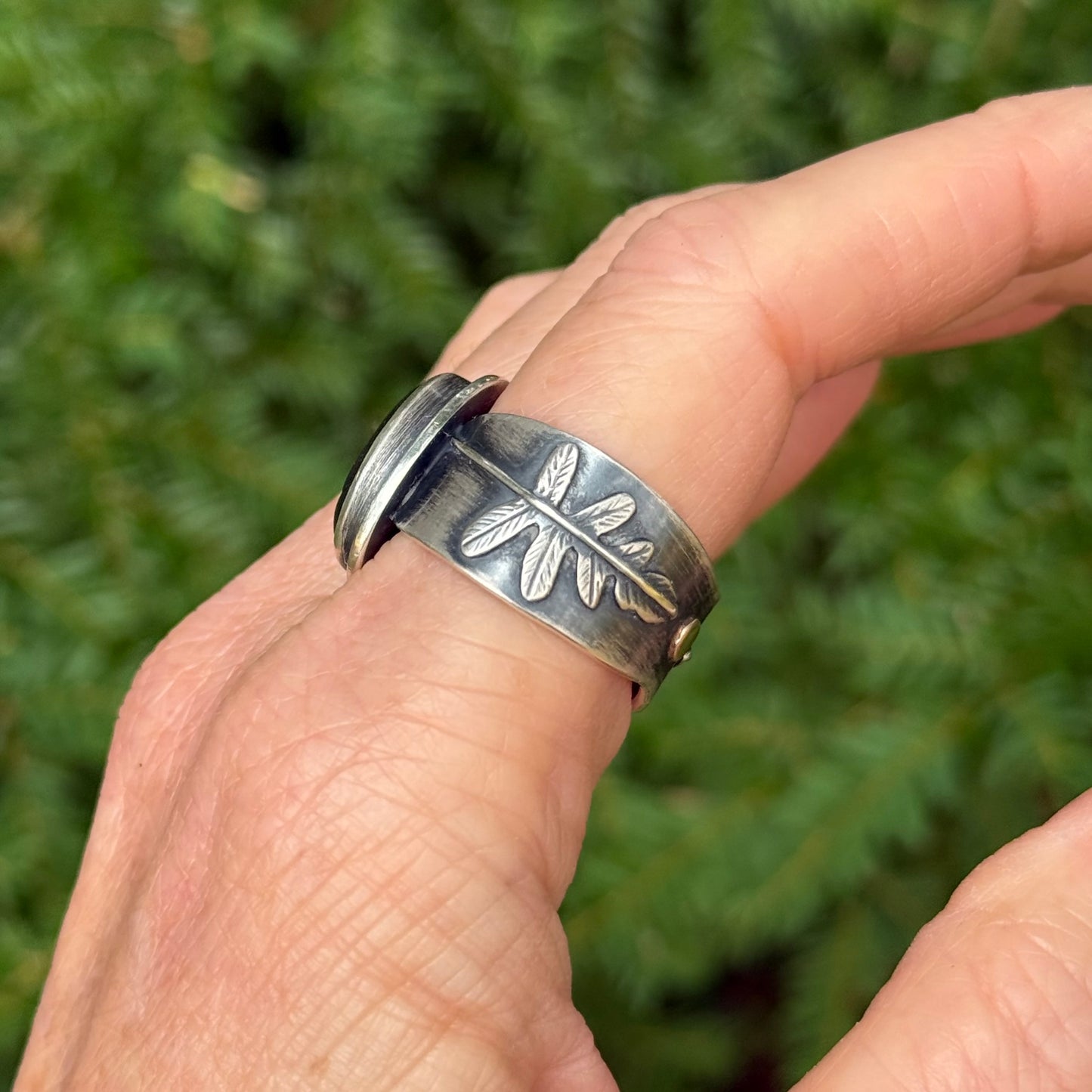 Forest Light Ring:  Licorice Fern and Forest Green Sea Glass with 18k