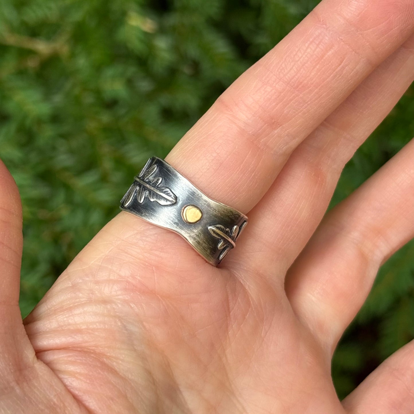 Forest Light Ring:  Licorice Fern and Forest Green Sea Glass with 18k