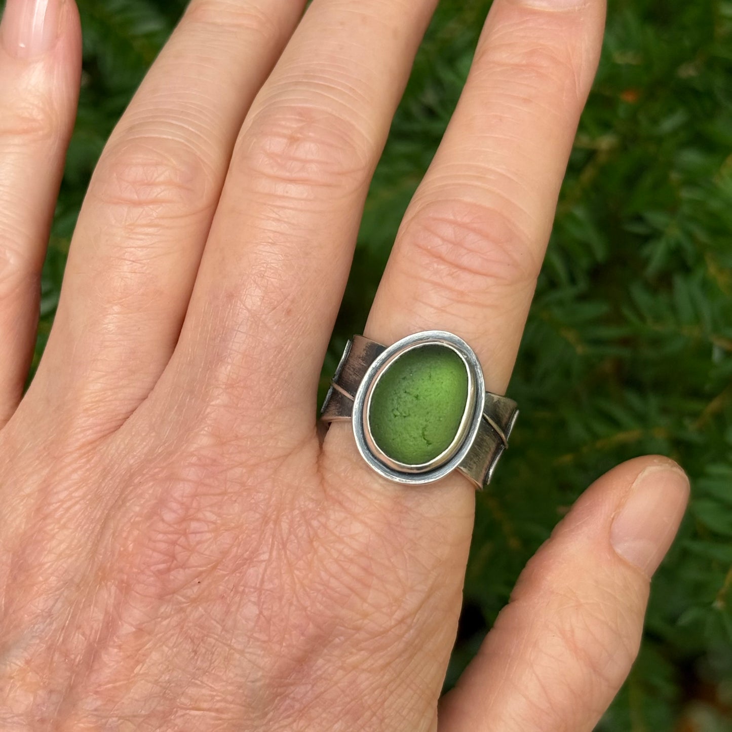 Forest Light Ring:  Licorice Fern and Forest Green Sea Glass with 18k