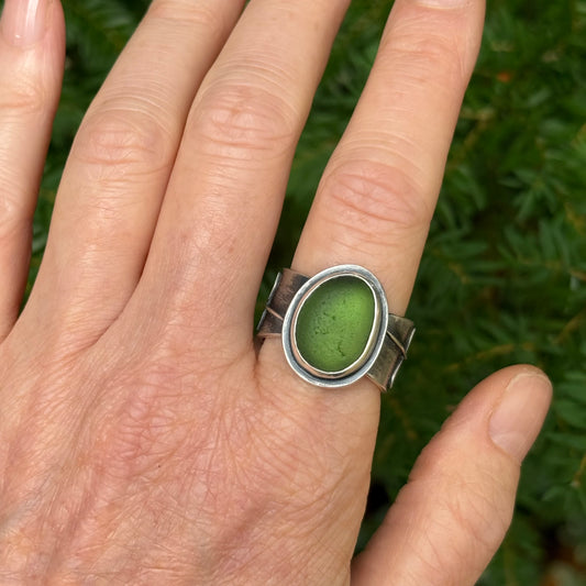 Forest Light Ring:  Licorice Fern and Forest Green Sea Glass with 18k