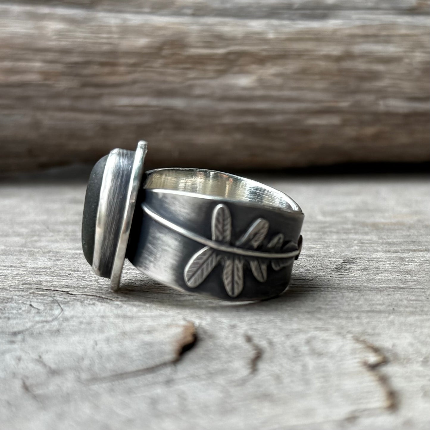 Forest Light Ring:  Licorice Fern and Forest Green Sea Glass with 18k