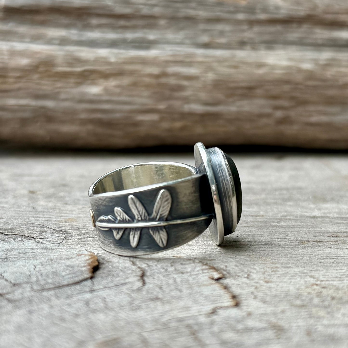 Forest Light Ring:  Licorice Fern and Forest Green Sea Glass with 18k