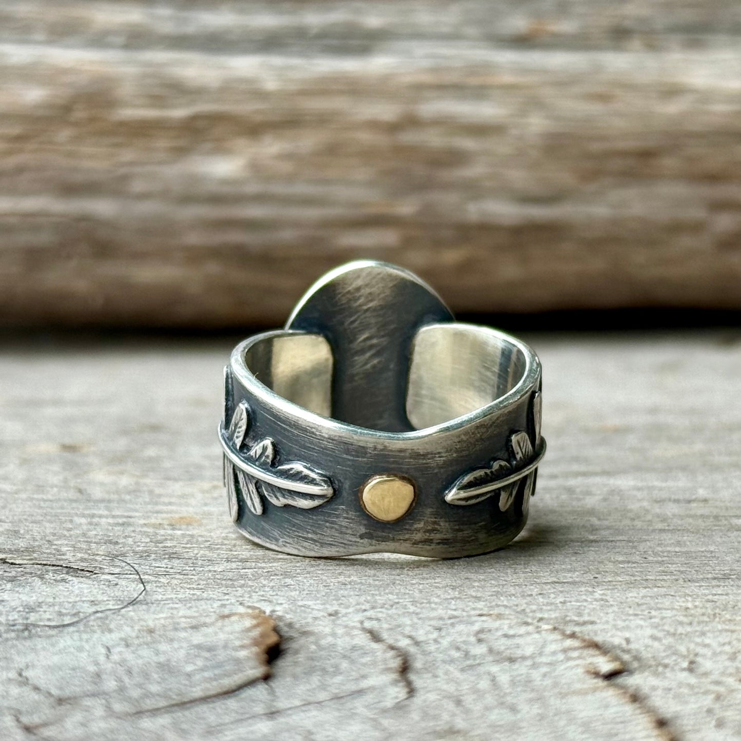 Forest Light Ring:  Licorice Fern and Forest Green Sea Glass with 18k