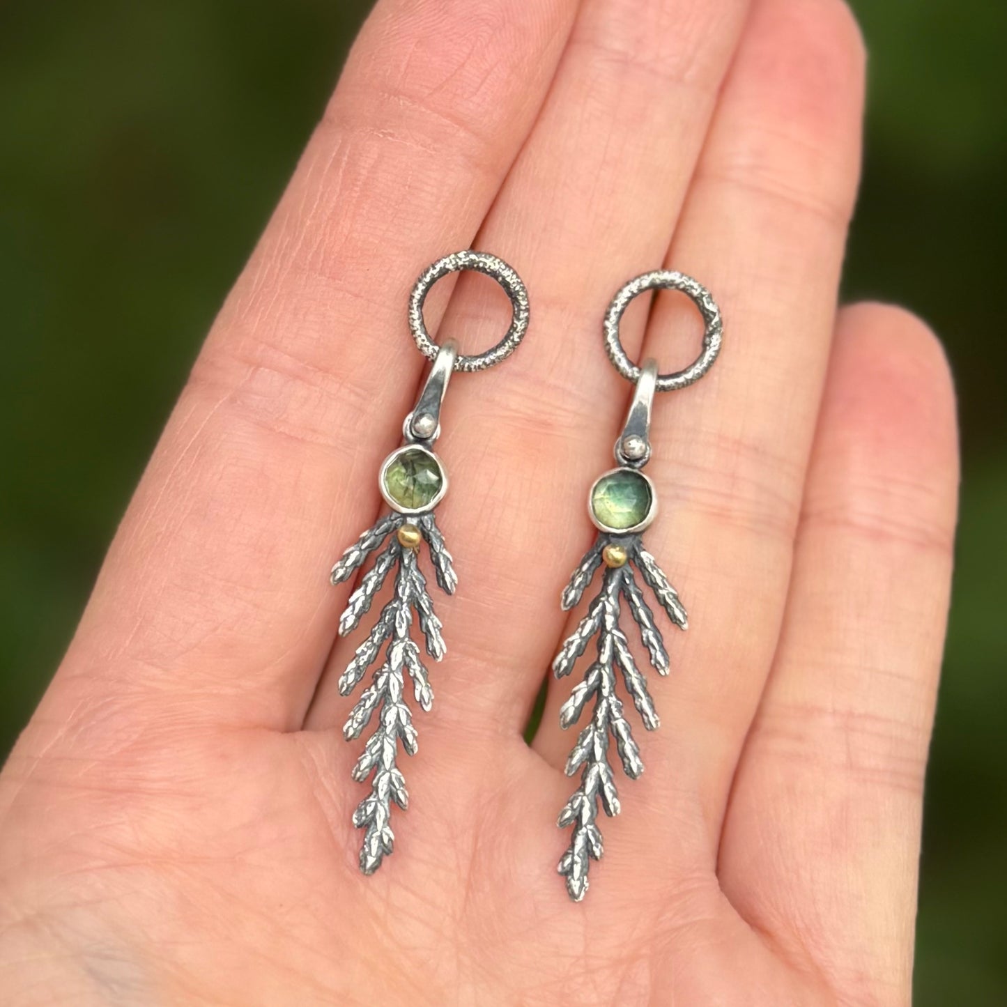 Oregon Cedar Leaf and Sapphire Earrings