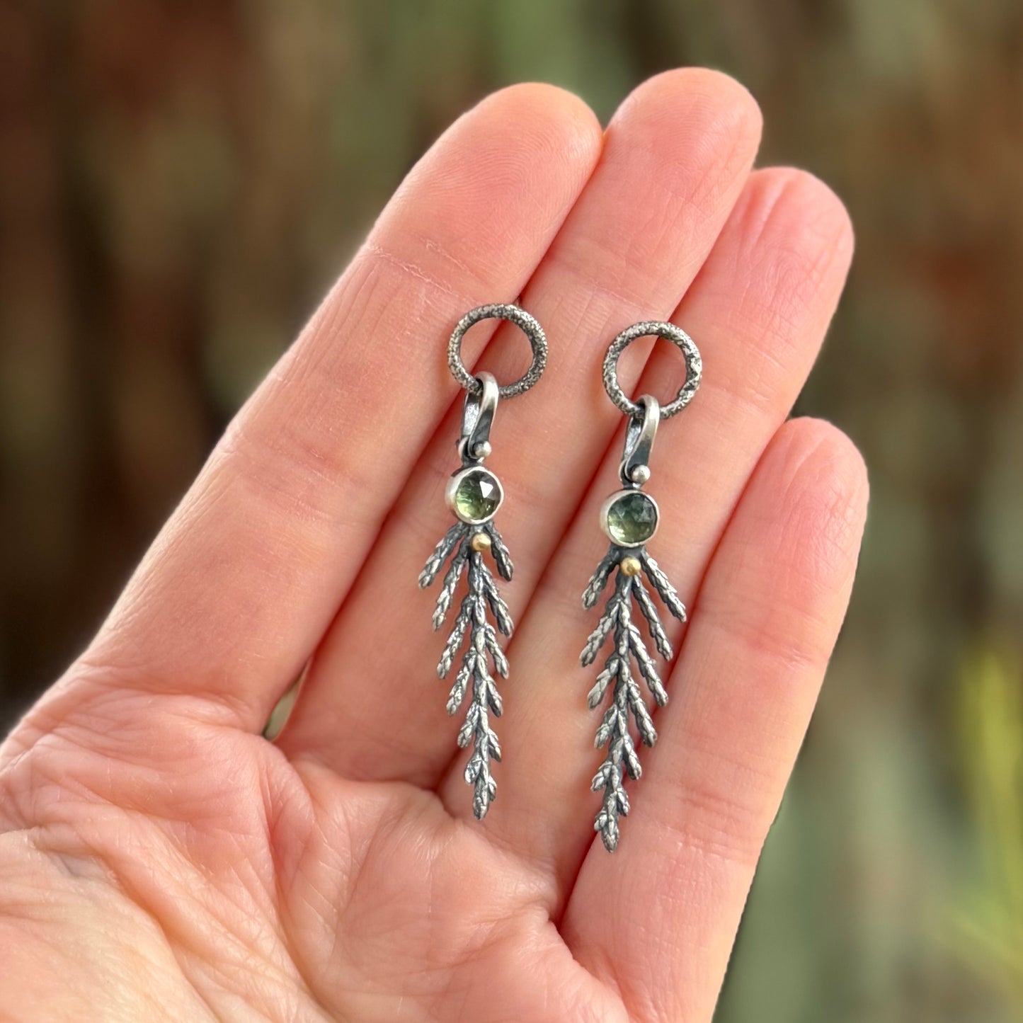 Oregon Cedar Leaf and Sapphire Earrings