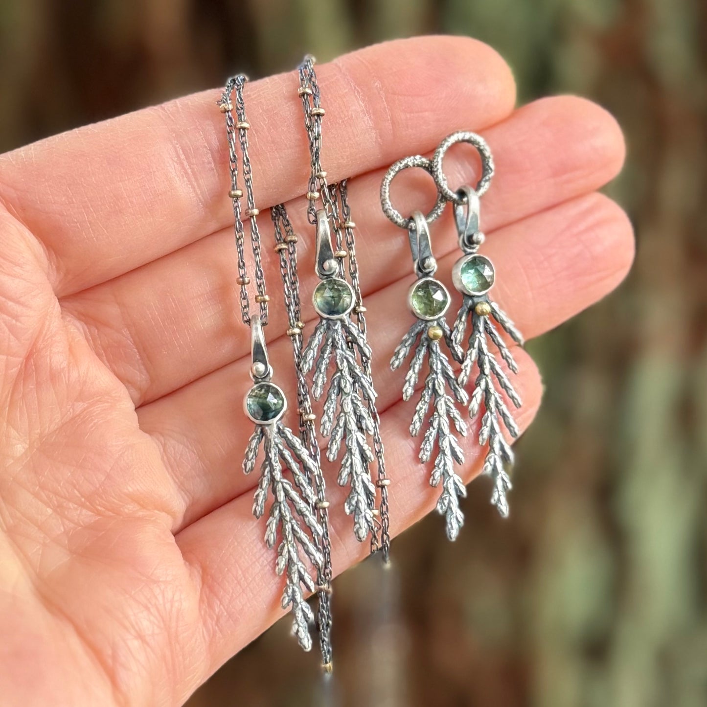 Oregon Cedar Leaf and Sapphire Earrings