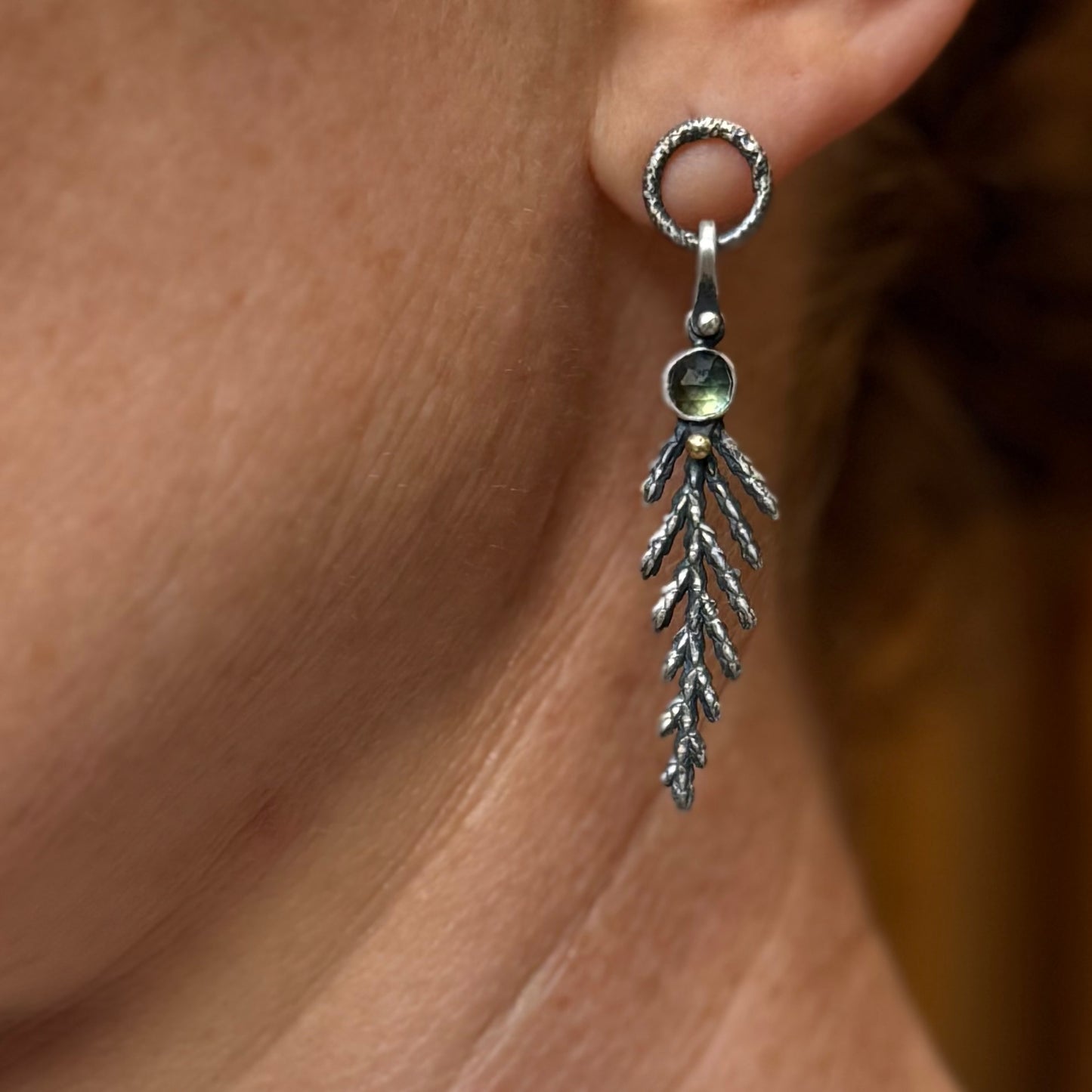 Oregon Cedar Leaf and Sapphire Earrings